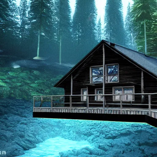 Prompt: a cabin in the woods underwater surrounded by dense trees, dark and eerie, 8k, high definition, highly detailed, photo realistic