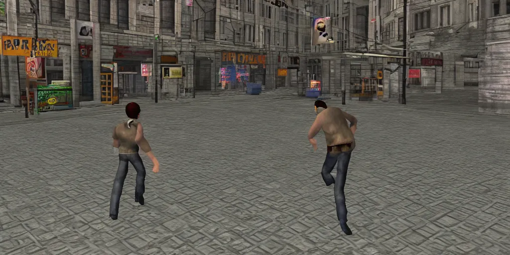 Image similar to glitchy PS1 game, third person, man walking through city