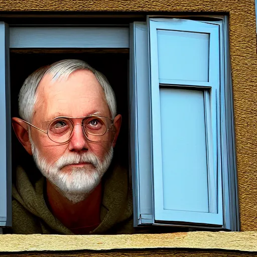 Prompt: jim pickens peeping through a house window