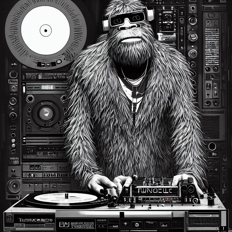 Prompt: a photograph portrait of an anthropomorphic cyberpunk bigfoot dj at the turntables spinning records, detailed render, tape deck, boombox, headphones, epic composition, cybernetics, 4 k realistic, cryengine, realistic shaded lighting, sharp focus, masterpiece, by matteo scalera, gary montalbano, peter elson in the style of the tokyo ghost comic