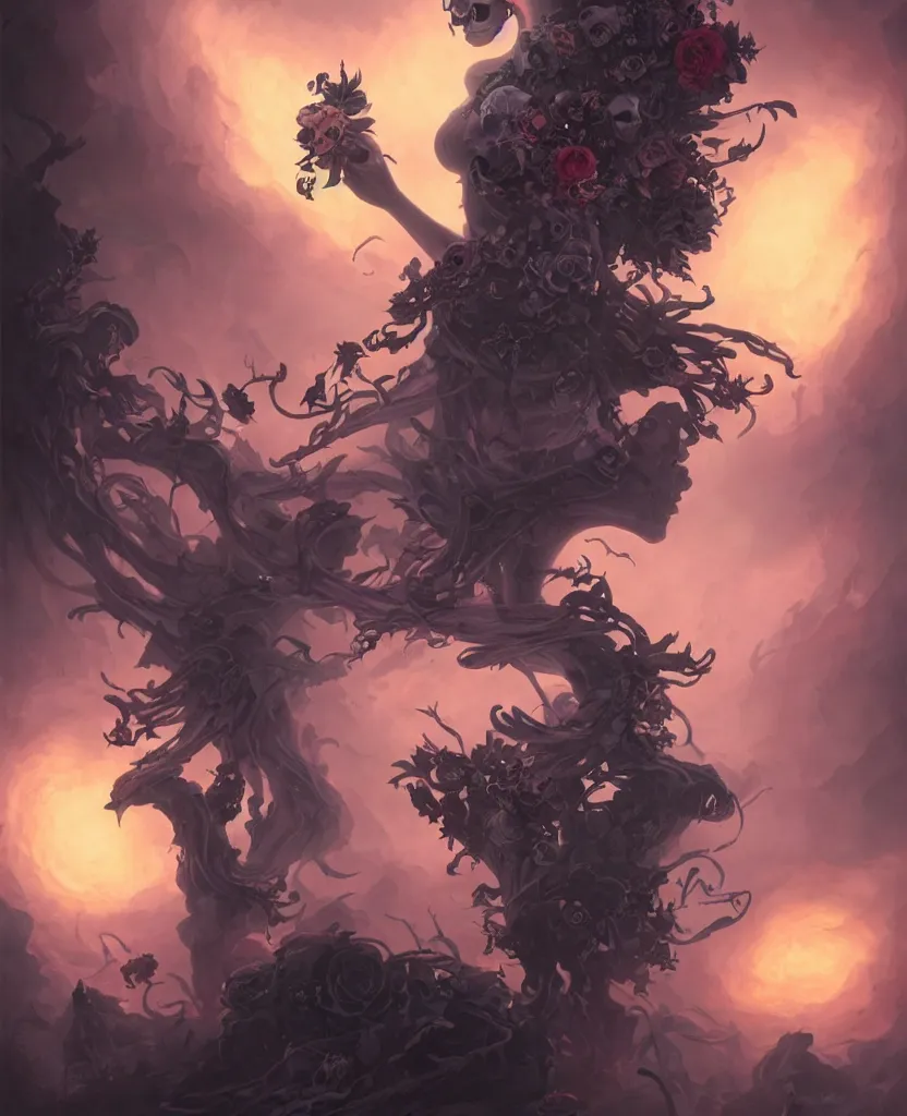 Image similar to a chaotic goddess of death skull black rose s day of the dead atmospheric, dramatic, concept art by Peter Mohrbacher hyperrealist, cinema4D, 8k highly detailed ❤️‍🔥 🔥 💀 🤖 🚀