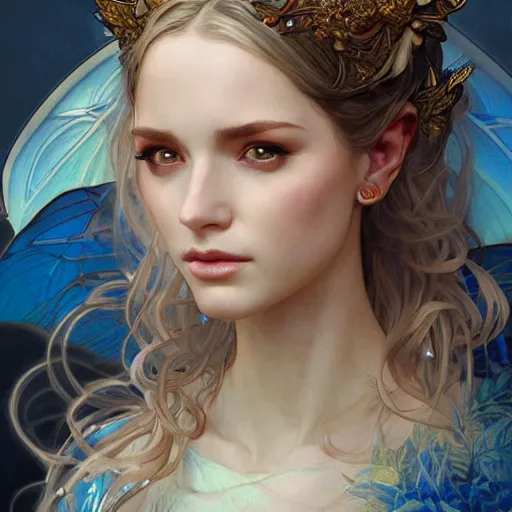 Prompt: portrait of faerie queen, elegant, intricate, headshot, blue sky background, highly detailed, digital painting, artstation, concept art, sharp focus, illustration, art by artgerm and greg rutkowski and alphonse mucha h 7 6 8