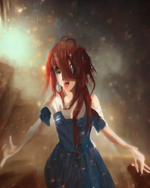 Image similar to a teenage girl on a haunted ship, full shot, very anime, digital art, captures emotion and movement, ambient lighting, perfect composition, dynamic lighting, detailed face, very extremely detailed blue eyes, smooth shading