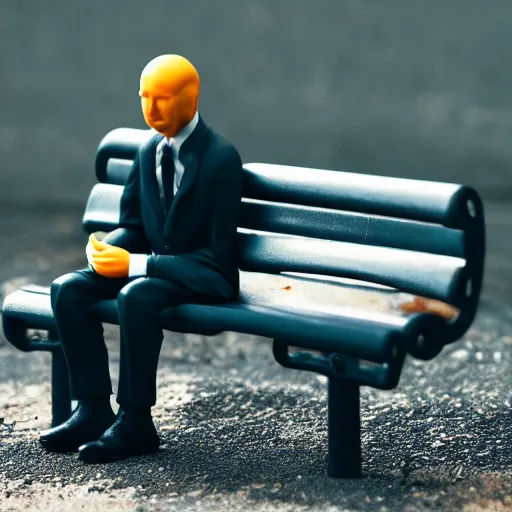 Image similar to macro photography of a tiny plastic depressed man in a suit, sitting on a bench with his cat, 3 5 mm macro shot,