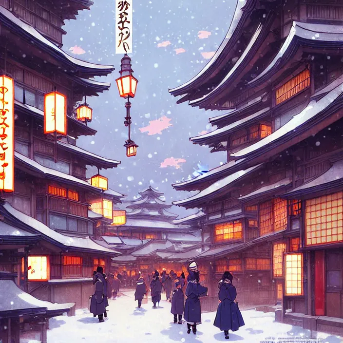 Image similar to japanese big city, winter, in the style of studio ghibli, j. c. leyendecker, greg rutkowski, artem