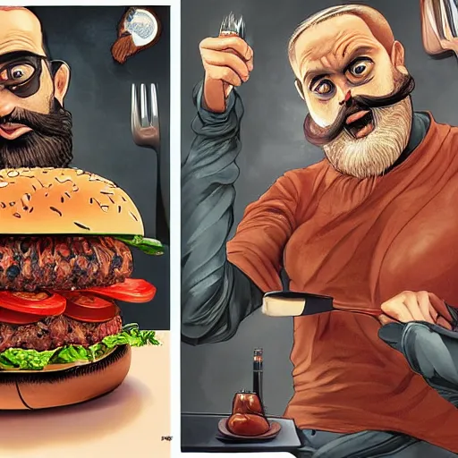 Prompt: beard man angry with italian burger, because theyre mixin salad with escargot, matte, symmetrical anatomy, hyperdetailed, digital art, baroque, pop punk art style, fantasy, full body pictures, without duplication, art by artgerm and ilya kuvshinov and vinicius gud and gustavo zambelli, intricate.