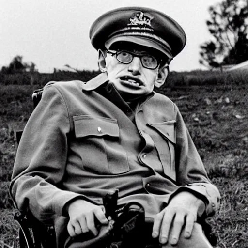 Prompt: Stephen Hawking as a soldier in Vietnam, award winning historical photograph