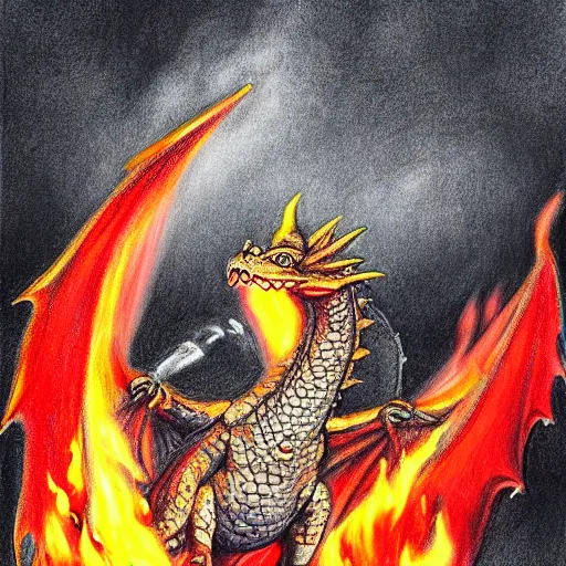 Image similar to firefighters using water against a fire - breathing dragon, pencil art, fire, colorful