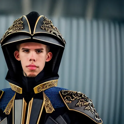 Image similar to low angle upper view of Austin Butler dressed in futuristic-baroque prussian blue duelist-garb and nanocarbon-vest and greaves, standing in an arena in Dune 2020, XF IQ4, f/1.4, ISO 200, 1/160s, 8K, RAW, unedited, symmetrical balance, face in-frame