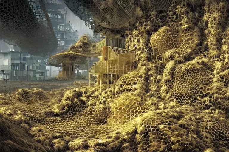 Prompt: favela jellyfish honeybee hive, wooded environment, industrial factory, horror, award winning art, epic dreamlike fantasy landscape, ultra realistic,
