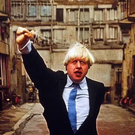 Image similar to Boris Johnson getting beaten in a fight, 60s Kung Fu film, album cover