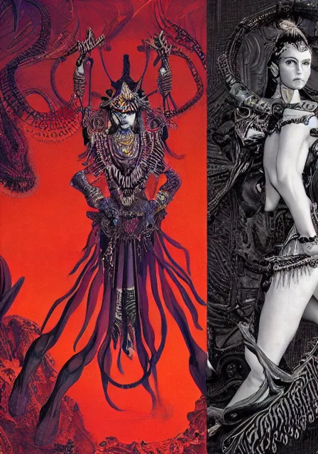 Image similar to Horizon zero dawn kali durga editorial by Wayne Barlowe designed by alexander mcqueen painted by caravaggio and by virgil finlay