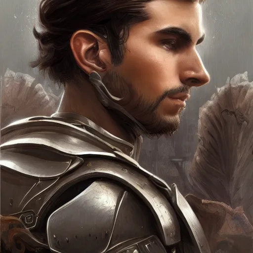 Prompt: a portrait of an attractive young man, clothed in battle armor, olive skin, long dark hair, beautiful bone structure, symmetrical facial features, intricate, elegant, highly detailed, digital painting, trending on Artstation, concept art, smooth, sharp focus, illustration, in the style of artgerm and greg rutkowski and alphonse mucha