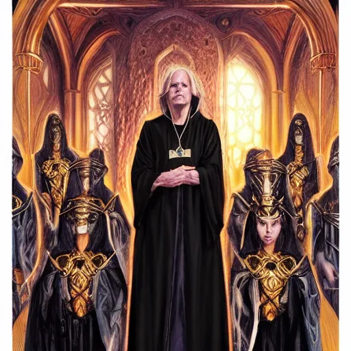 Image similar to Cult leader wearing black robes and a golden mask as a fantasy D&D character, portrait art by Donato Giancola and James Gurney, digital art, trending on artstation