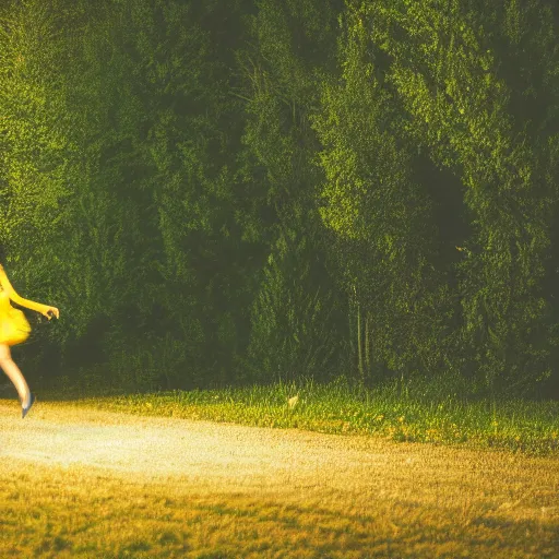 Prompt: a woman running sideways at night in a yellow dress in the center of the frame, dark hair, Slavic barn, bushes and trees in the background, realistic photo, 4K, 35 mm