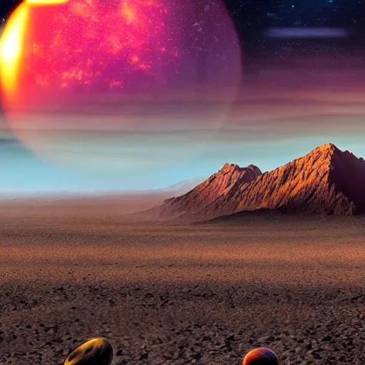 Prompt: A sunset on a distant planet with 5 suns, large mountains in the background, nebula in the sky, award-winning photograph, 8k