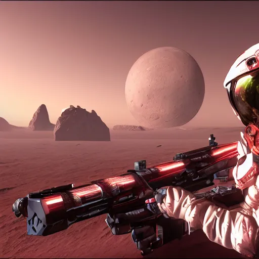 Image similar to the setting is in space / mars. a metaverse / space city is seen in the background, with surrounding floating islands. our character will be shown with a gun etc to show the play to earn shooting game, arstation, high details, 3 d octane