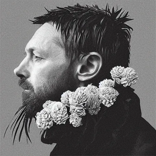 Image similar to “Thom Yorke’s face in profile, short beard, made of flowers, in the style of the Dutch masters, dark and moody”