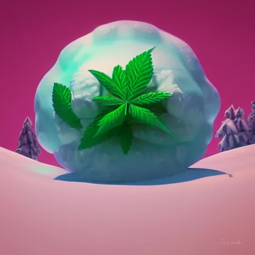 Image similar to a portrait of a mochi cannabis leaf snowball cute friendly character snowboarding in a gelatinous australian ❄ environment 3 d rendered in octane, by eyvind earle