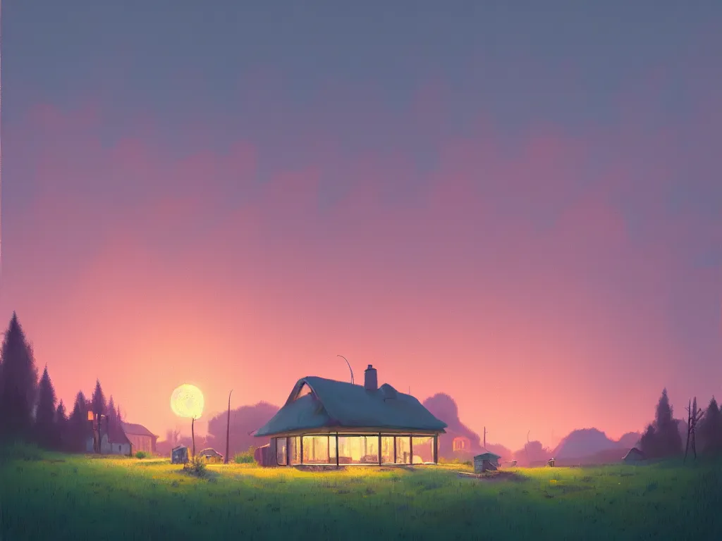 Prompt: beautiful landscape house in the village summer, evening, sun is going down warm color palette natural lighting, soft light, artstation high detailed, melancholy pastel art, oil on canvas by simon stalenhag