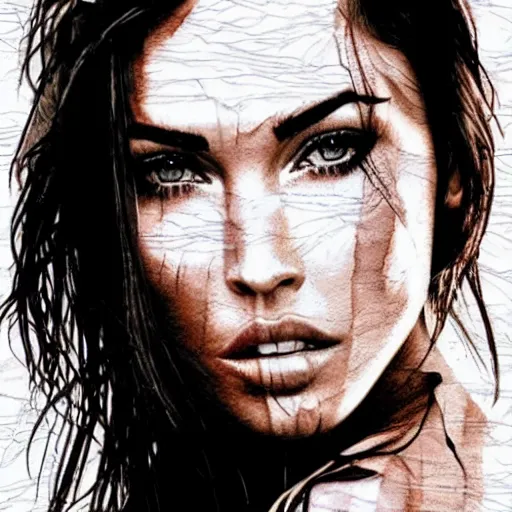 Image similar to realism tattoo sketch of double exposure megan fox against a background of beautiful mountain scenery, in the style of andrey lukovnikov