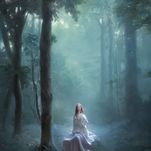 Prompt: A beautiful painting of an angel in a magical forest, ray traced sun light, by greg rutkowski and Kalin Popov , Trending on artstation HD.