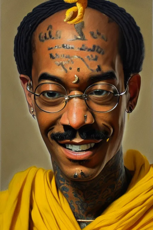 Prompt: full body portrait of wiz khalifa as mahatma gandhi, oil on canvas by william sidney mount, hindu art, great soul, black, black, yellow, yellow, trending on artstation