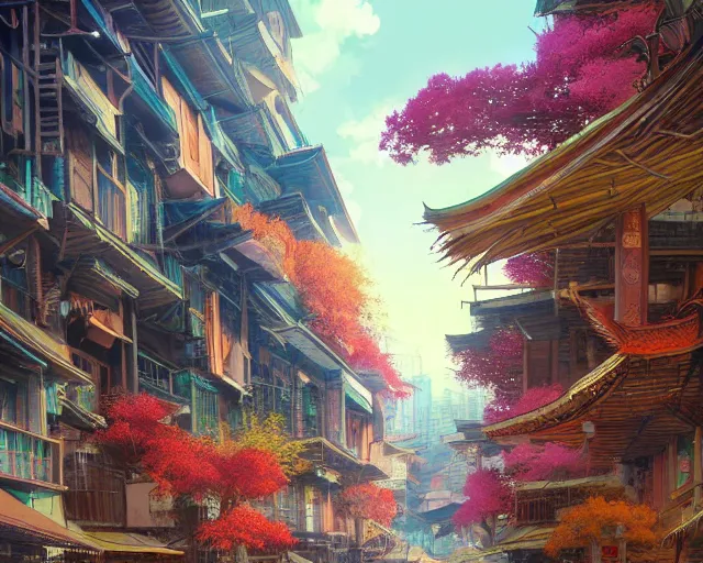 Image similar to street-level view of a great, colorful kitsune city, bamboo, flowers, anime, fox people, a fantasy digital painting by Greg Rutkowski and James Gurney, trending on Artstation, highly detailed