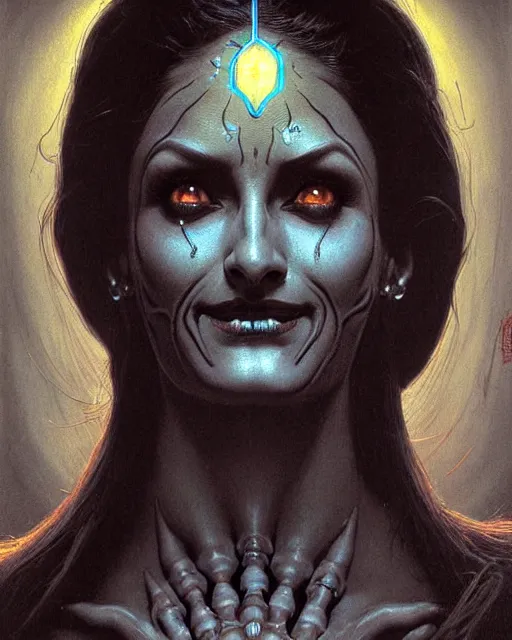 Image similar to symmetra from overwatch, character portrait, portrait, close up, concept art, intricate details, highly detailed, horror poster, horror, vintage horror art, realistic, terrifying, in the style of michael whelan, beksinski, and gustave dore