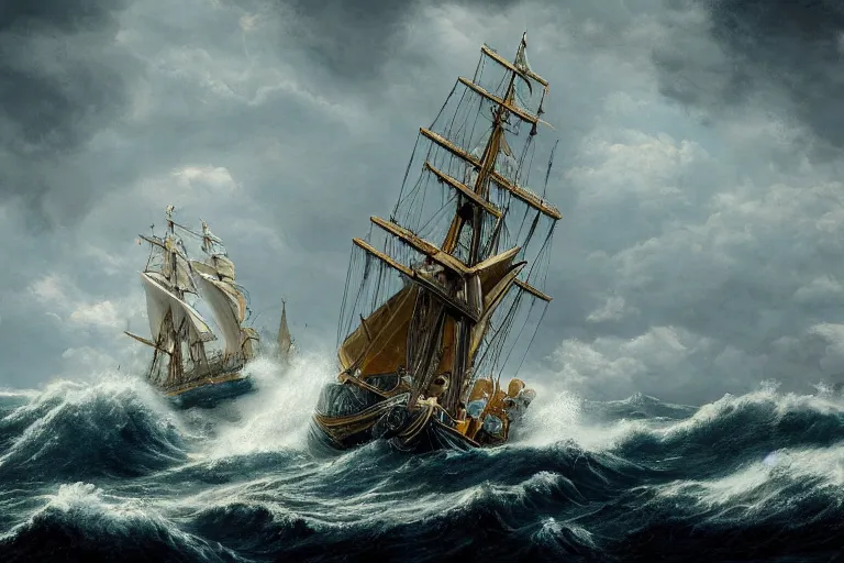 Prompt: a tall ship sailing vessel in stormy windy seas, in the style of, george philip reinagle, hypermaximalistic, high details, cinematic, 8 k resolution, beautiful detailed, insanely detailed, trending in artstation, octane render, unreal engine