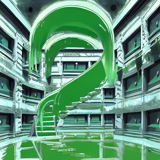 Image similar to a green slimegirl in a bright white hallway with many doors and many stairs, Mc Escher architecture, epic composition, by Makoto Shinkai