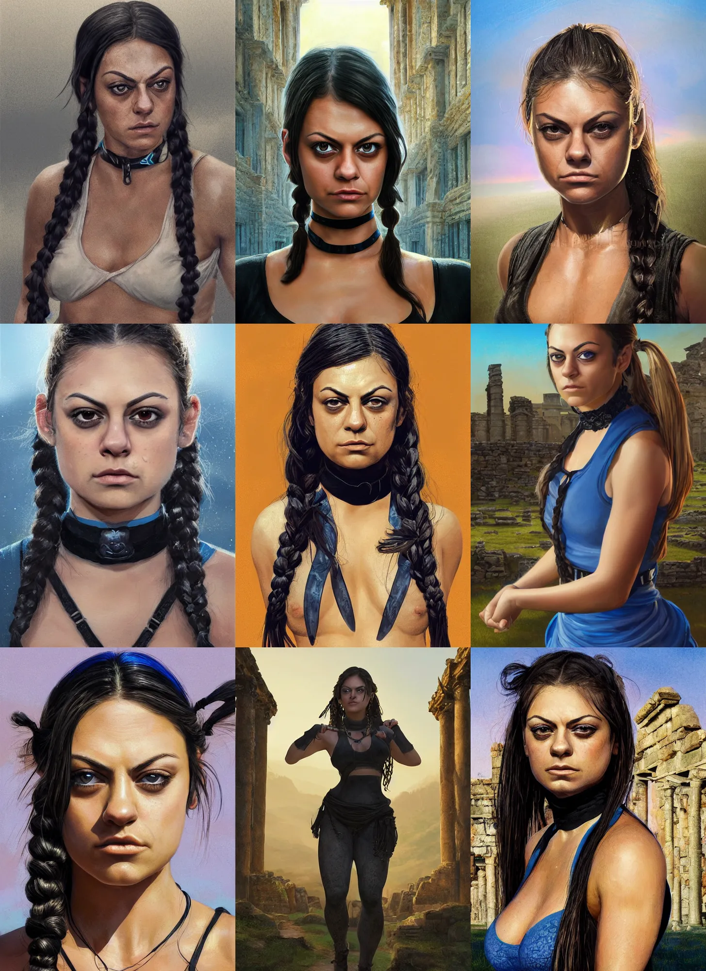 Prompt: portrait of young very muscled Mila Kunis with pigtails hair and bright blue squinting eyes looking directly into the camera, mouth slightly open, wearing intricate black choker, walking sweaty out epic ancient ruins, golden hour, elegant, highly detailed, centered, sharp digital painting, artstation, concept art, smooth, sharp focus, illustration, Allan Lee, John Howe