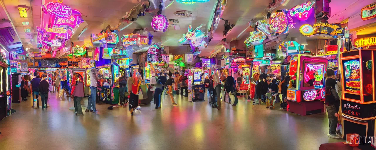 Prompt: A photograph from the 80's of a busy arcade, XF IQ4, 150MP, 50mm, F1.4, ISO 200, 1/160s, natural light