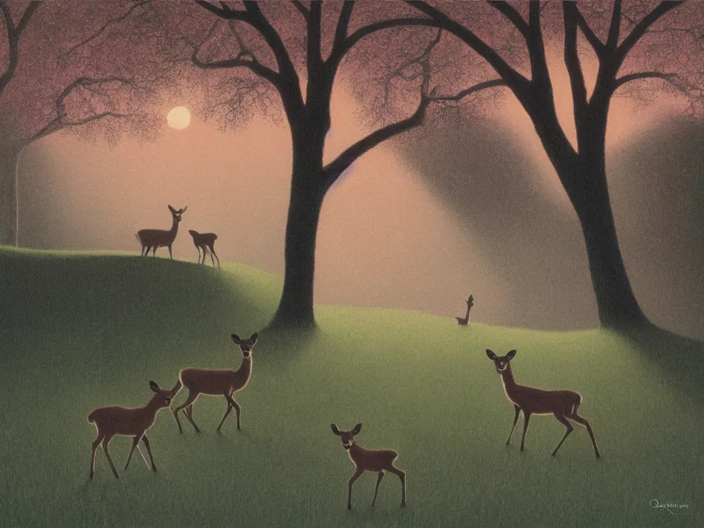 Image similar to young deer on a lawn of a suburban house, at eerie dusk, soft pink surreal light, by quint buchholz and by dean ellis