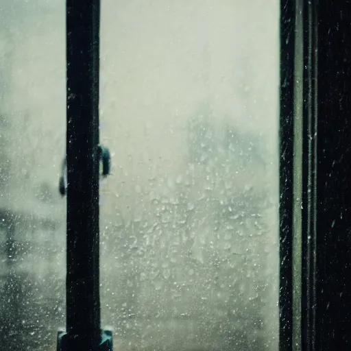 Image similar to a beautiful young woman with white hair looking out of a train window, cyberpunk city, photography, dslr 1 5 mm, rainy weather, 4 k