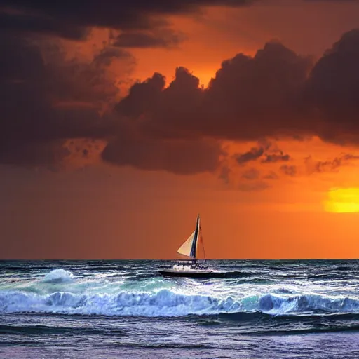 Image similar to spoonfuls of gloomy and dark clouds in a dark sky, with a warm sunset over the ocean leering towards the horizon where a sailboat is overshadowed by the waves, digital art