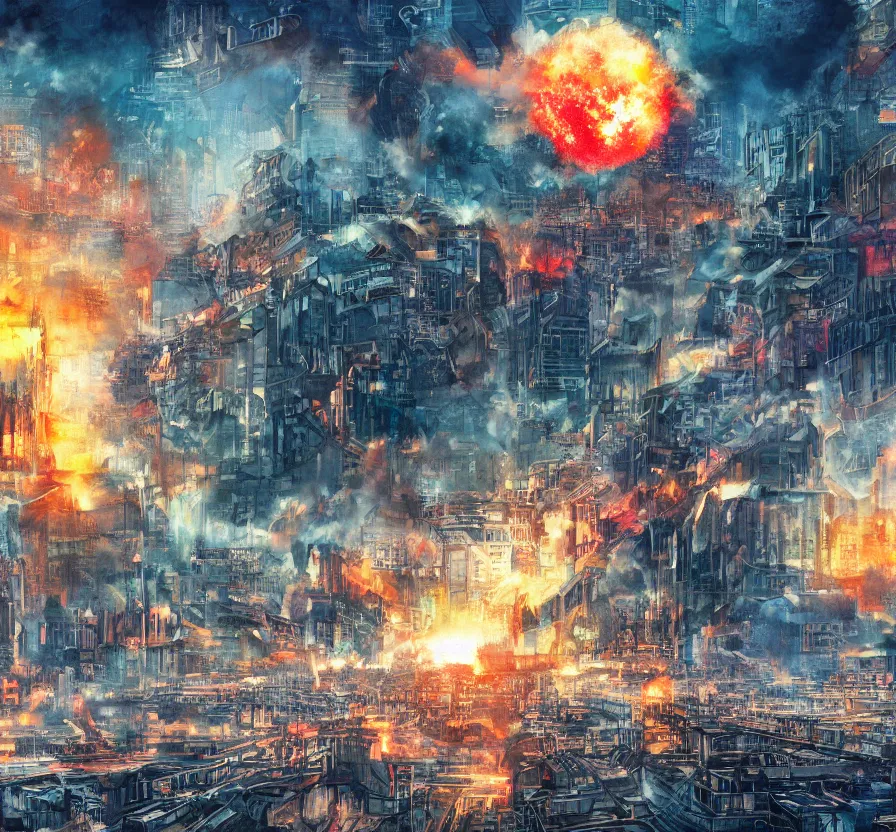 Image similar to nuclear explosion in big city, acrilic paint, abstract, digital, artstation, detailed, intricate ink, illustration, heavenly atmosphere, digital art, over detailed art, conceptart