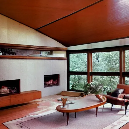 Image similar to mid century sunken living room, fireplace, big windows, frank lloyd wright