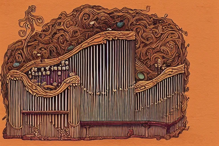 Image similar to A cell animation of a magical pipe organ made of wood, Miyazaki Hayao, ghibli style, illustration, anime, trending on artstaion