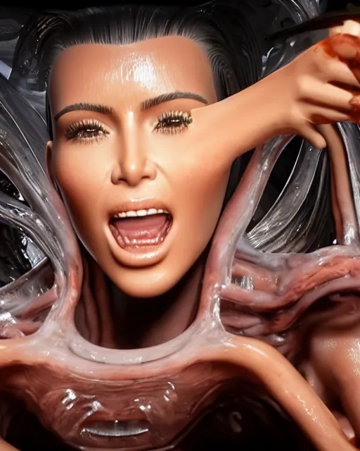 Image similar to cinematic still of kim kardashian being mouth fed by an xenomorph in a transparent alien liquid, wet flowing hair, gooey skin, illustration, unreal engine 5, 8 k, directed by h. r. giger.