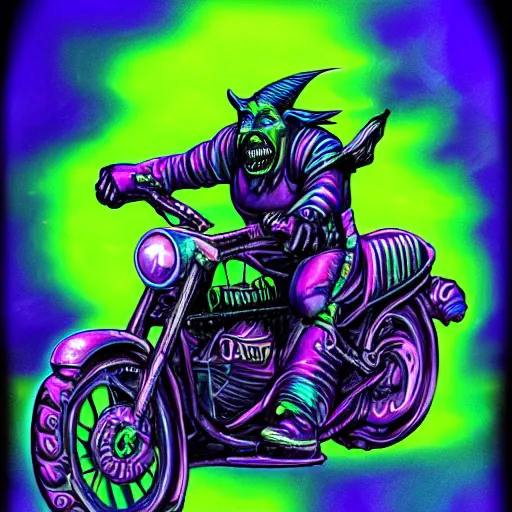 Prompt: psychedelic blacklight airbrush art of an orc riding a motorcycle, stylized, radical 90s, soft edges, smooth gradients,