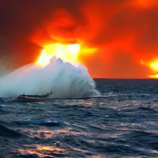 Image similar to large ship being tossed about in a fiery storm in the sea, dark, low light, terrifying, beautiful