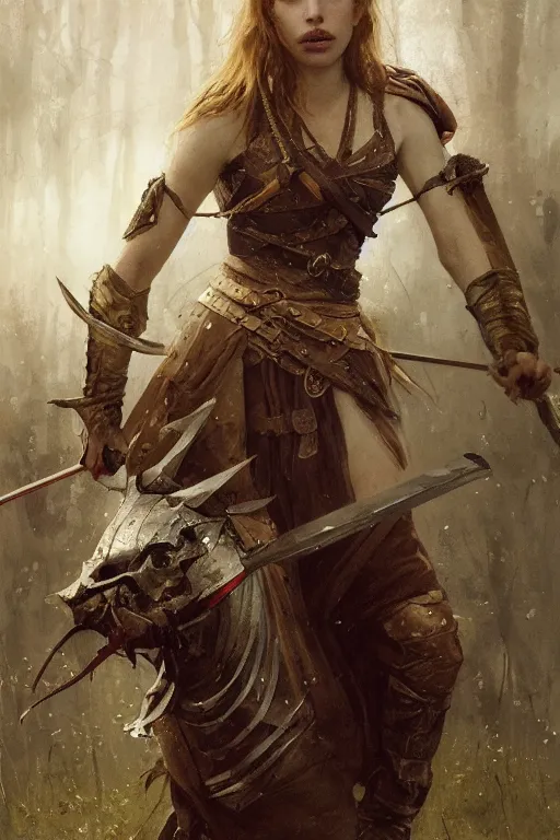 Image similar to young emma roberts, legendary warrior, heroic fighter, lord of the rings, tattoos, decorative ornaments, battle armor, omar ortiz, carl spitzweg, ismail inceoglu, vdragan bibin, hans thoma, greg rutkowski, alexandros pyromallis, perfect face, sharply detailed, centered, rule of thirds, realistic shading, photorealism