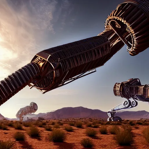 Image similar to giant robotic steampunk centipede in a desert, extremely detailed, hdr, unreal engine, robotic, retro, beautiful, sunny, intense, cinematic lighting,