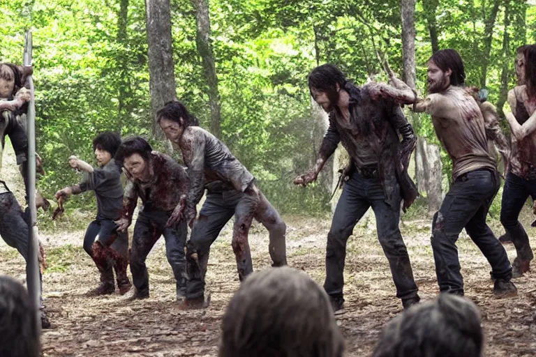Prompt: the cast of sout park in the walking dead fighting zombies, movie still, 8 k, from the newest season the walking dead, cinematic lighting, hd