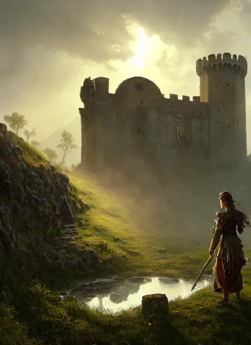 Prompt: a ruined medieval castle, mist, sunrays, dust in the air, dnd character, unreal engine, octane render, dramatic lighting, pond, digital art, by stanley artgerm lau, greg rutkowski, thomas kindkade, alphonse mucha, loish, norman rockwell,