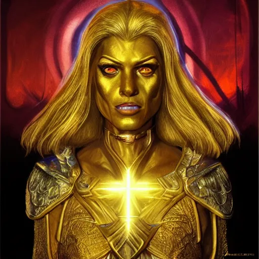 Prompt: bright, colorful, realistic, detailed from Elder Scrolls: shivering isles concept art golden saint a warrior woman with skin and hair made of bright and shiny gold backlighting, kodachrome, high contrast, highly detailed, sharp focus, digital painting, concept art, illustration, trending on artstation, comic book by Alex Ross and Adam Adamowicz cover art