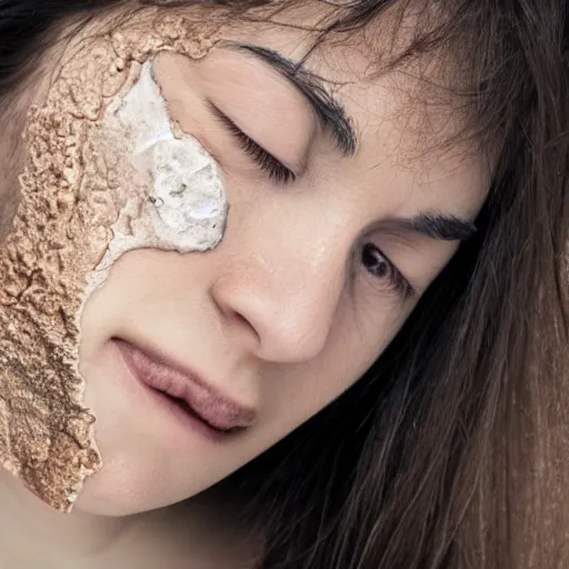 Prompt: woman's face covered with the texture of cracked and glzed ceramic