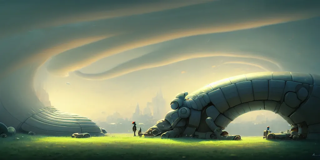 Image similar to beautiful digital illustration of a curvilinear robotic worm by Andreas Rocha, curvilinear architecture, fluffy pastel clouds, cinematic, architecture, concept art, deviantArt, artsation, artstation HQ, HD, 16k resolution, smooth, sharp detail, amazing depth, octane, finalRender, Unreal Engine