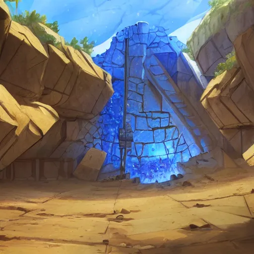 Image similar to concept art painting of a mine mineshaft with blue crystals, realistic, detailed, cel shaded, in the style of makoto shinkai and greg rutkowski and james gurney